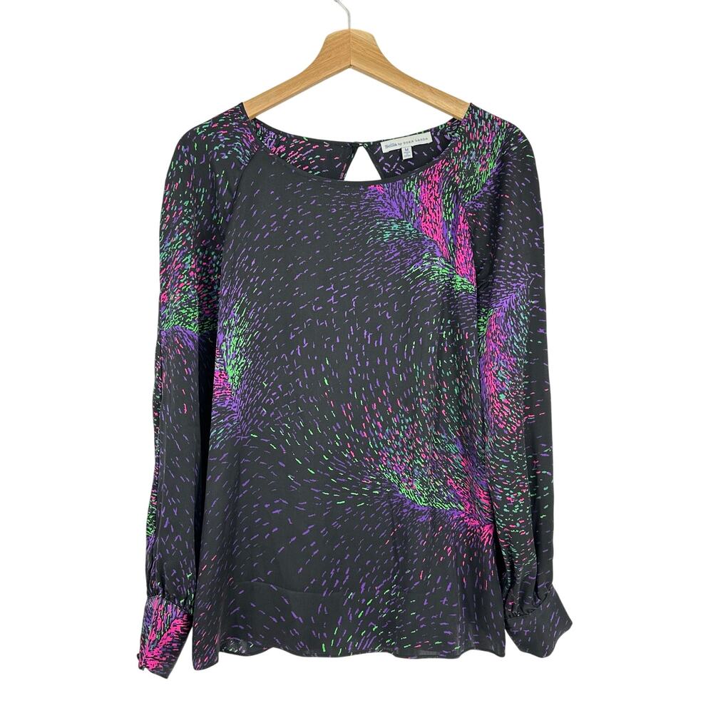 Scilla Womens 100% silk Long Sleeve Top Sz M Blouse Black Artsy Firework Fairy - Picture 2 of 11